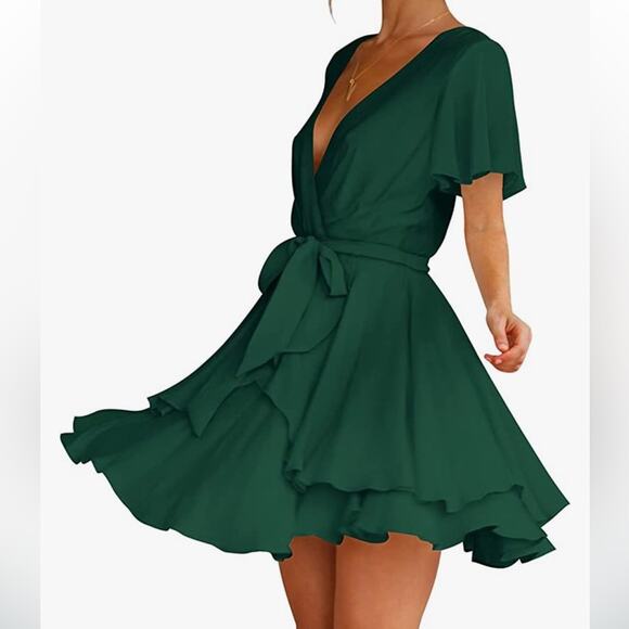 Fall Flowy Green cocktail mini dress with waist tie and ruffle - Picture 2 of 4